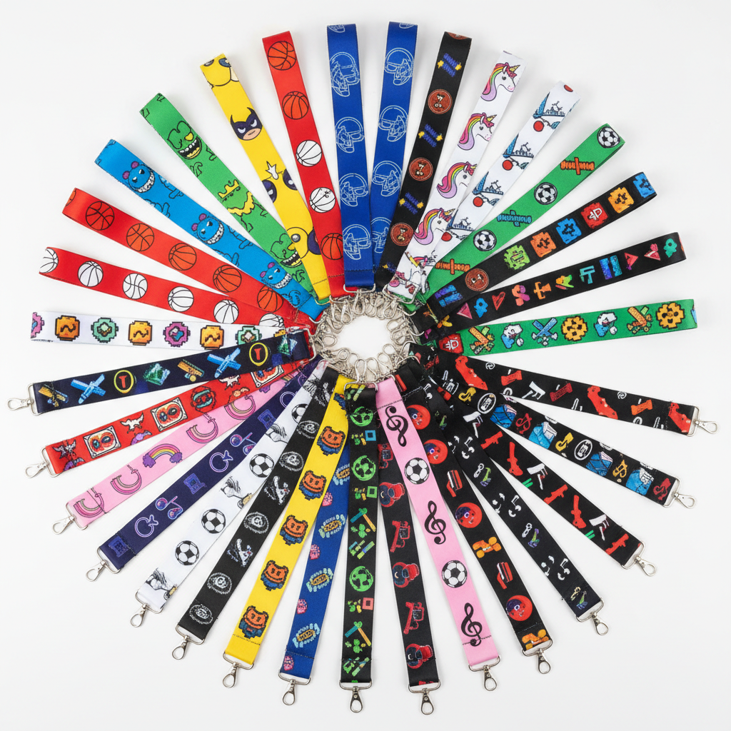 Assorted cartoon lanyards with metal key clips in bright patterns