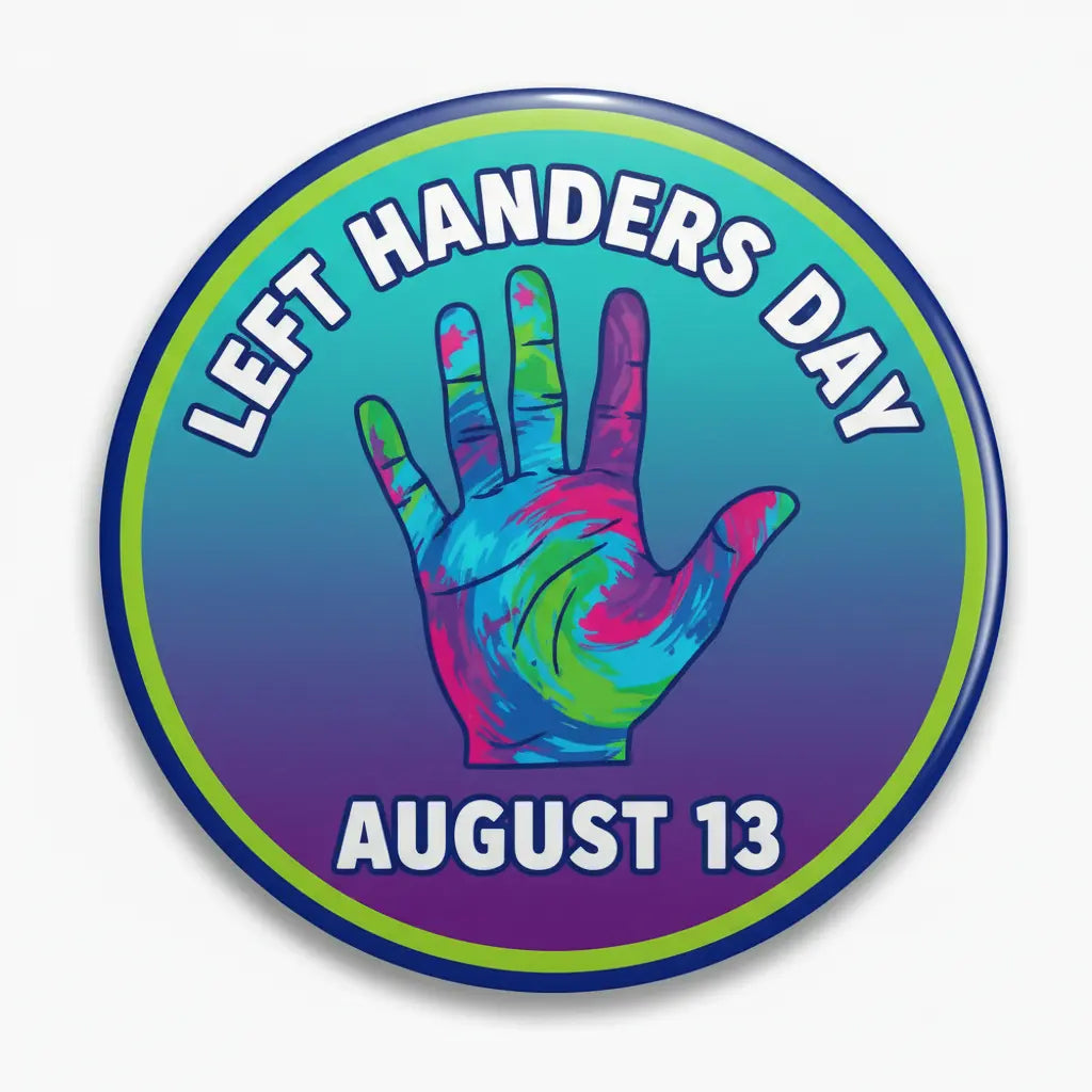 2.25-inch pinback button with colorful left hand and “LEFT HANDERS DAY AUGUST 13” text