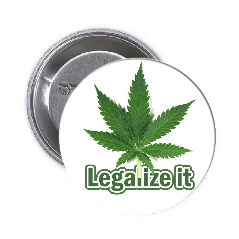 1.25-inch organic leaf pinback with green cannabis leaf and 'LegalizeIt' text
