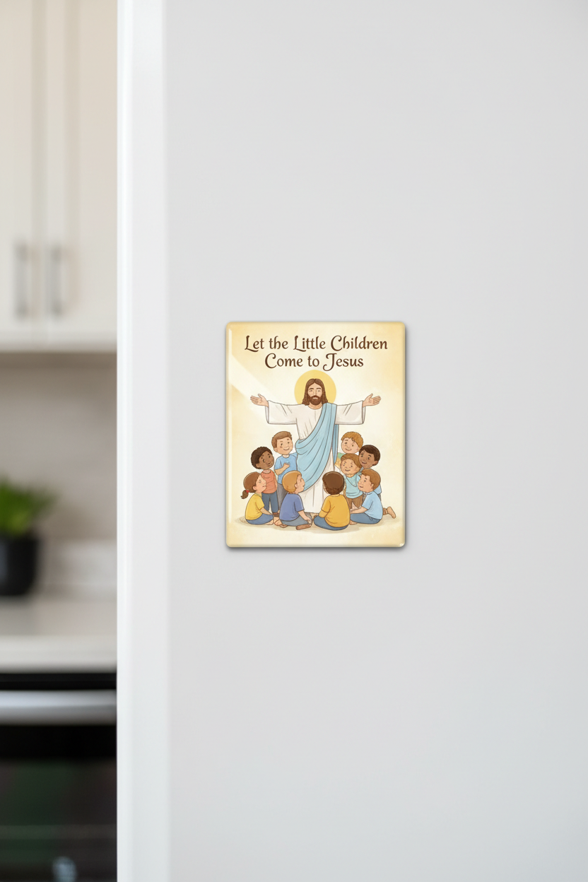 A small rectangular wall art print with an illustration of Jesus welcoming children, mounted on a white refrigerator in a kitchen setting. The print reads, 'Let the Little Children Come to Jesus.