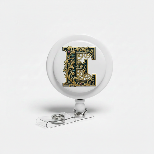 Round white retractable badge reel with gold letter E design and metal clip