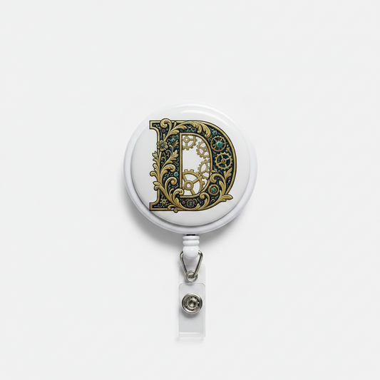 Letter D badge reel, round decorative emblem with retractable clip cord