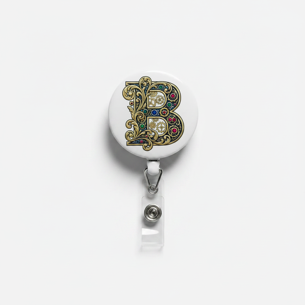 Retractable badge reel with Letter B front, metal clip, and clear badge holder pull