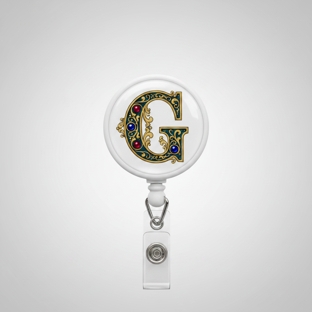 Retractable badge reel, white round case with ornate blue-gold letter G