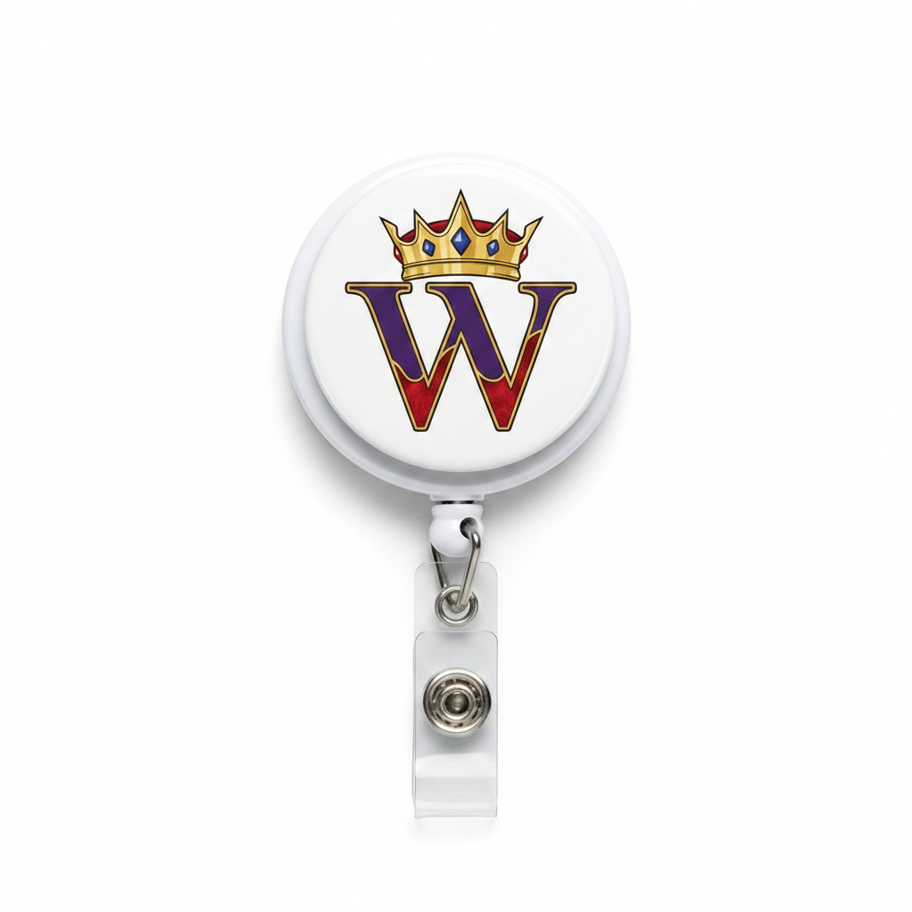 White retractable badge reel with W logo face and retractable metal clip