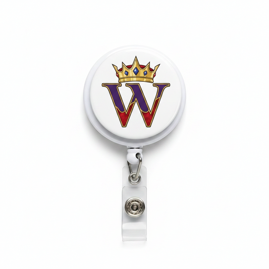 White retractable badge reel with W logo face and retractable metal clip