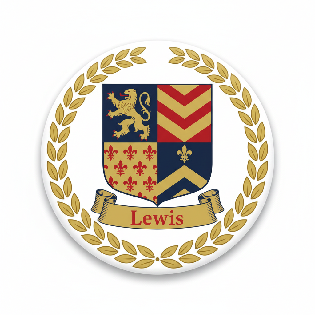 Round coat of arms pinback button with laurel wreath and shield