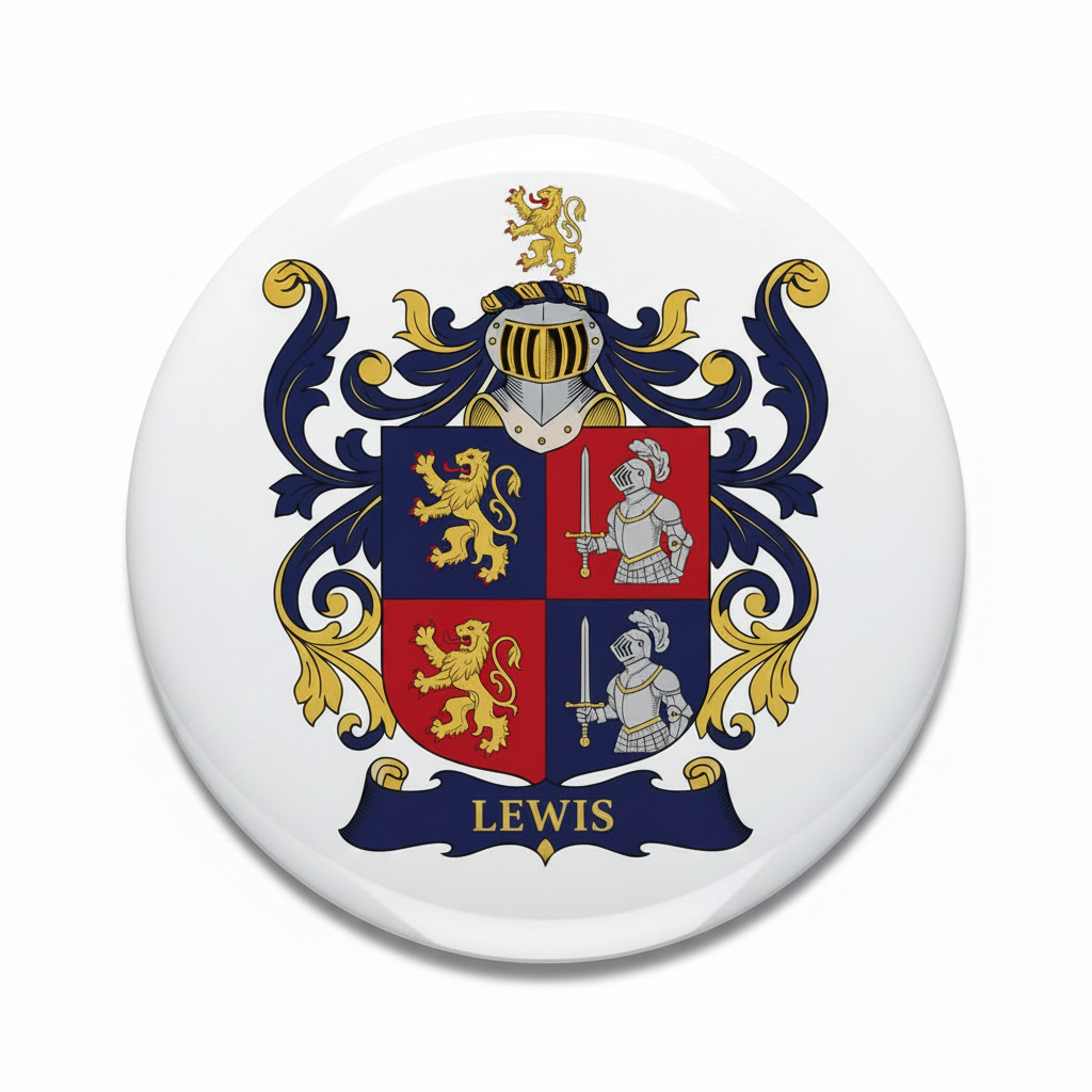Lewis family crest pinback button with blue, red shield and banner