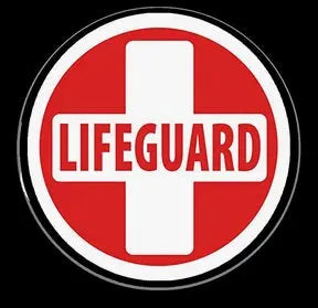 LifeGuard pinback button, 2.25-inch round red cross sign
