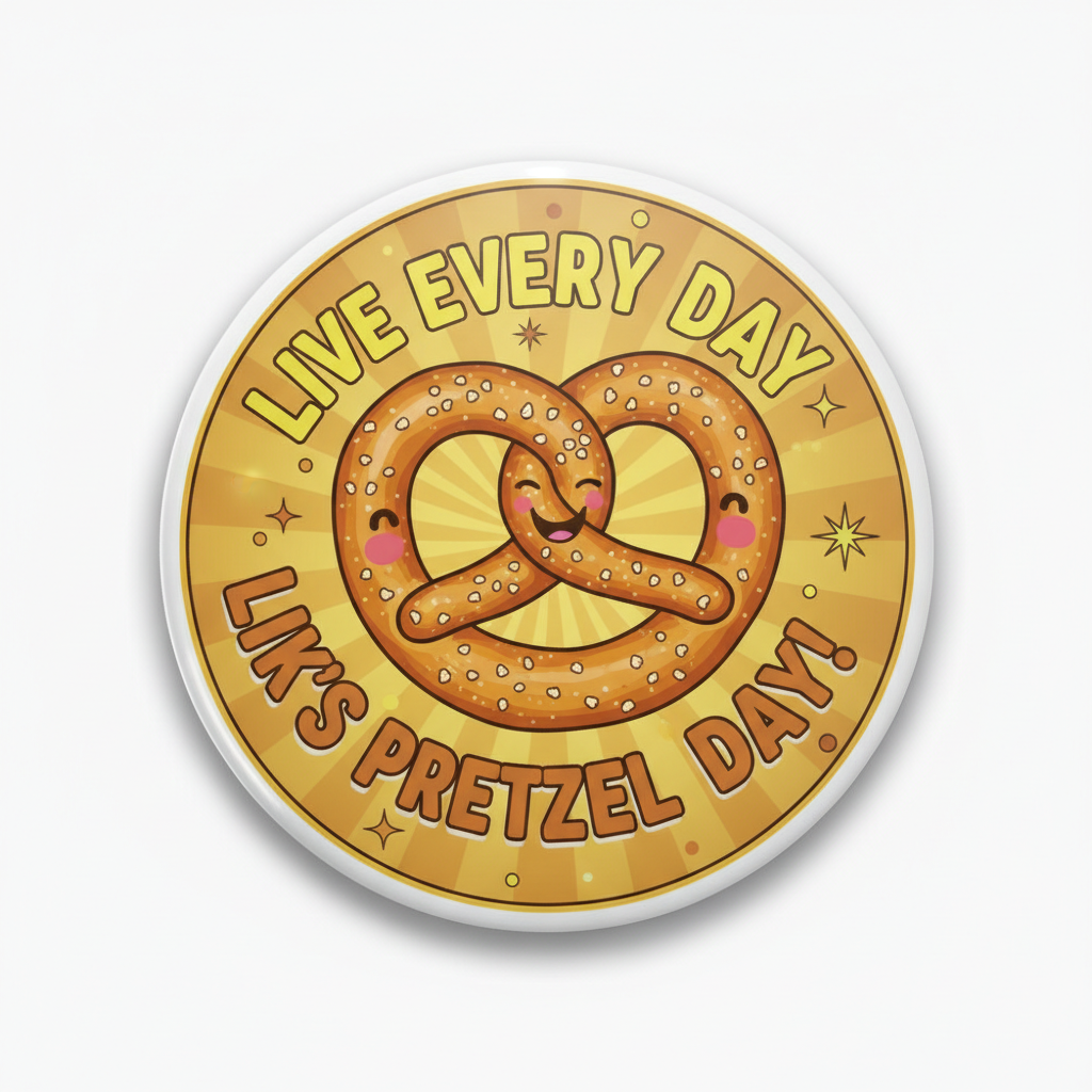 2.25-inch round pinback button with golden pretzel graphic and 'LIVE EVERY DAY' text