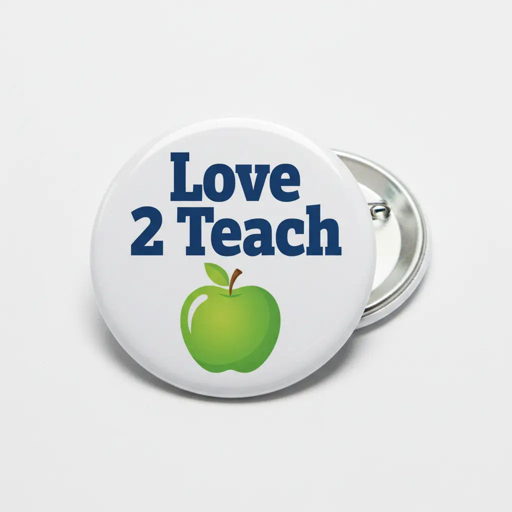 Love 2 Teach green apple pinback button with metal clasp, round white design