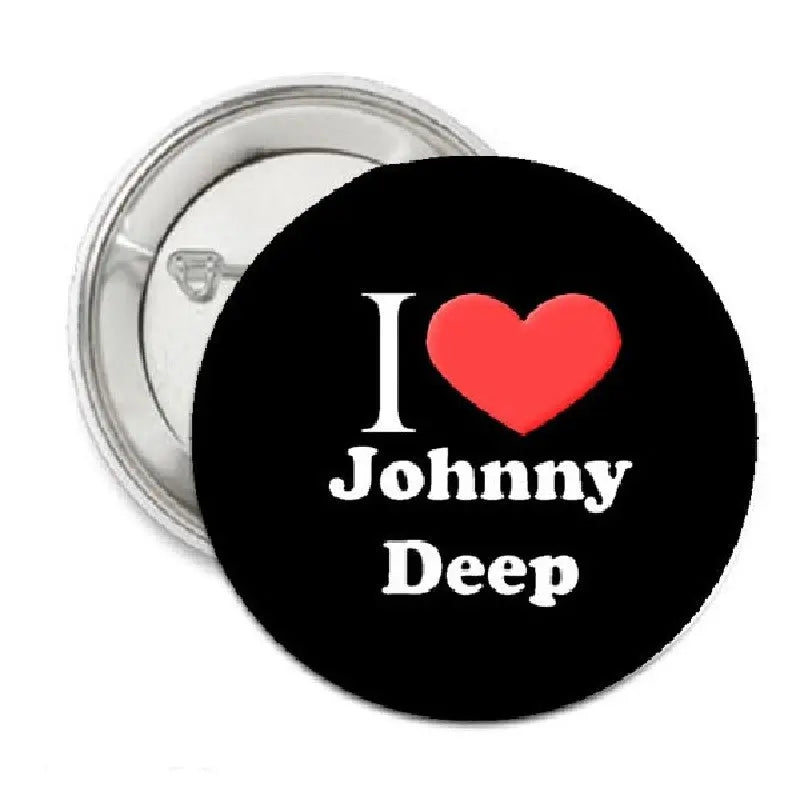 Black round pinback brooch with red heart and 'I Love Johnny Depp' text, 1.25 in