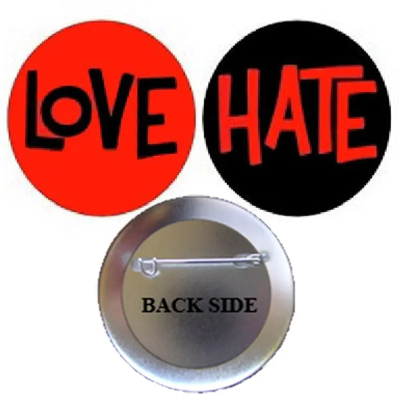 Set of 2 pinback buttons: red 'love' and black 'hate', plus safety pin back