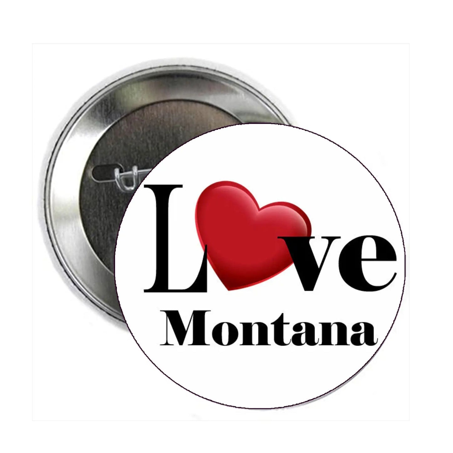 Round pinback button with I Love Montana text and red heart design, 2.25-inch