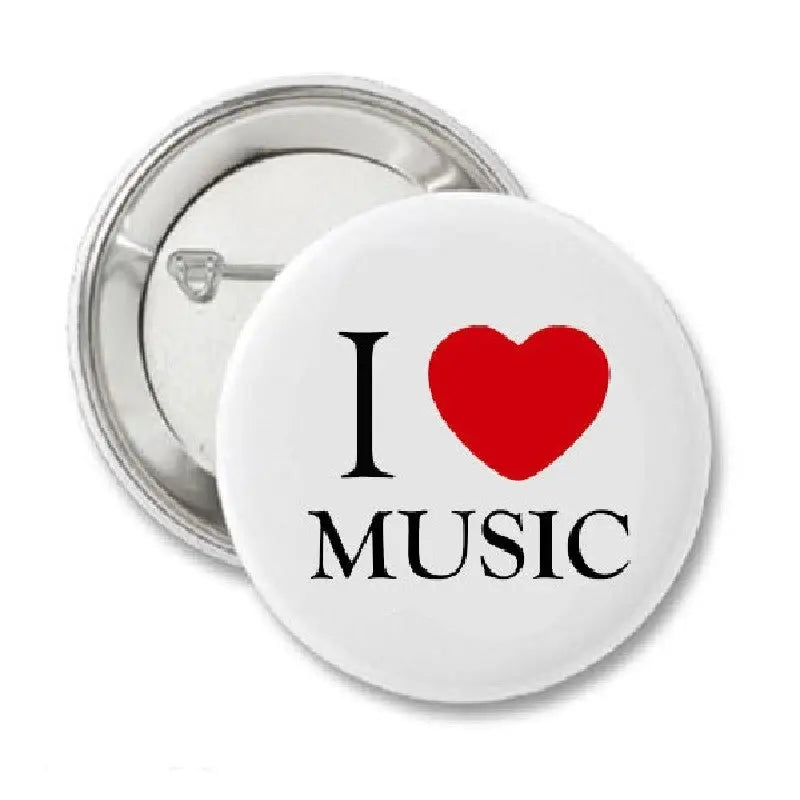 White round pinback button with “I ♥ MUSIC” text and red heart, 2.25-inch
