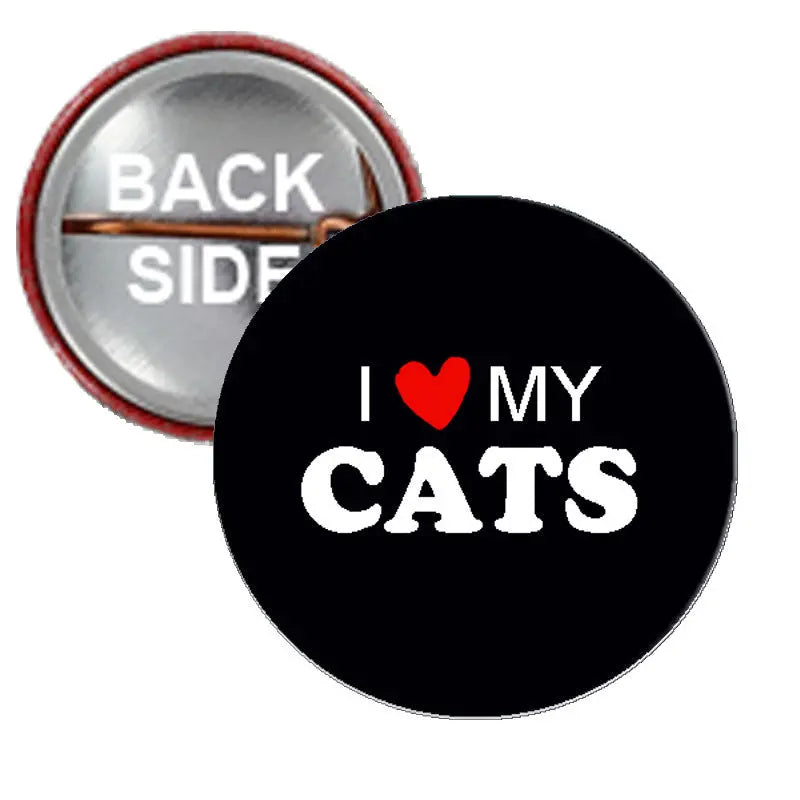 Black pinback button: 'I ♥ MY CATS' in white with red heart