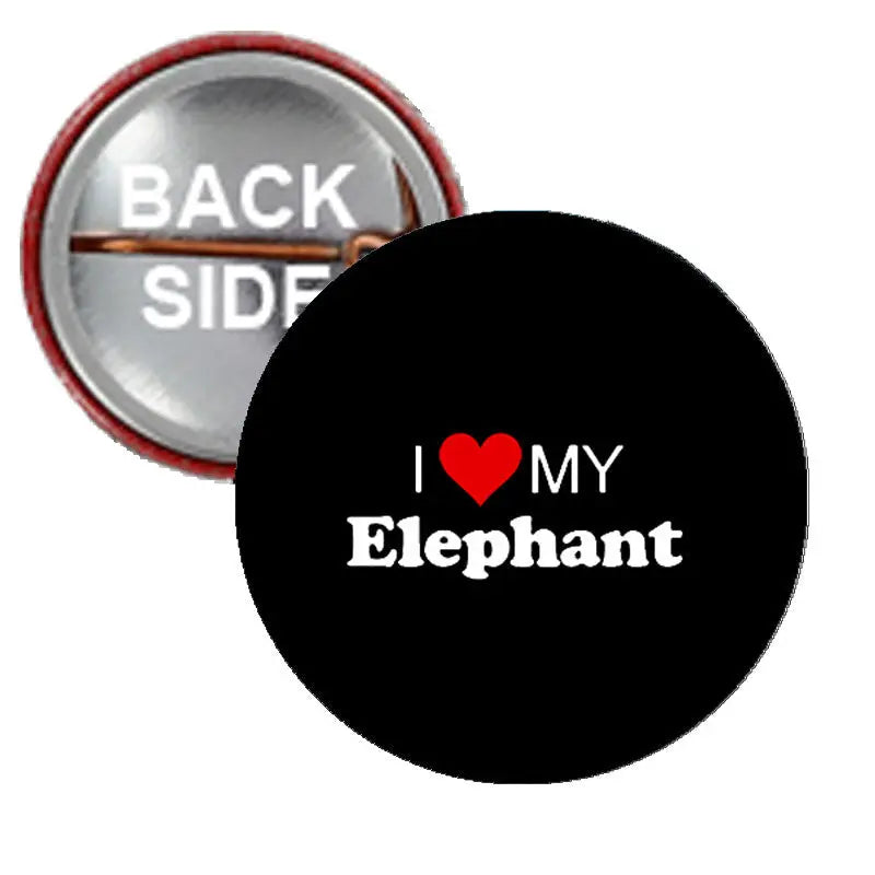 Round black I ♥ MY Elephant pinback button with red heart and white lettering