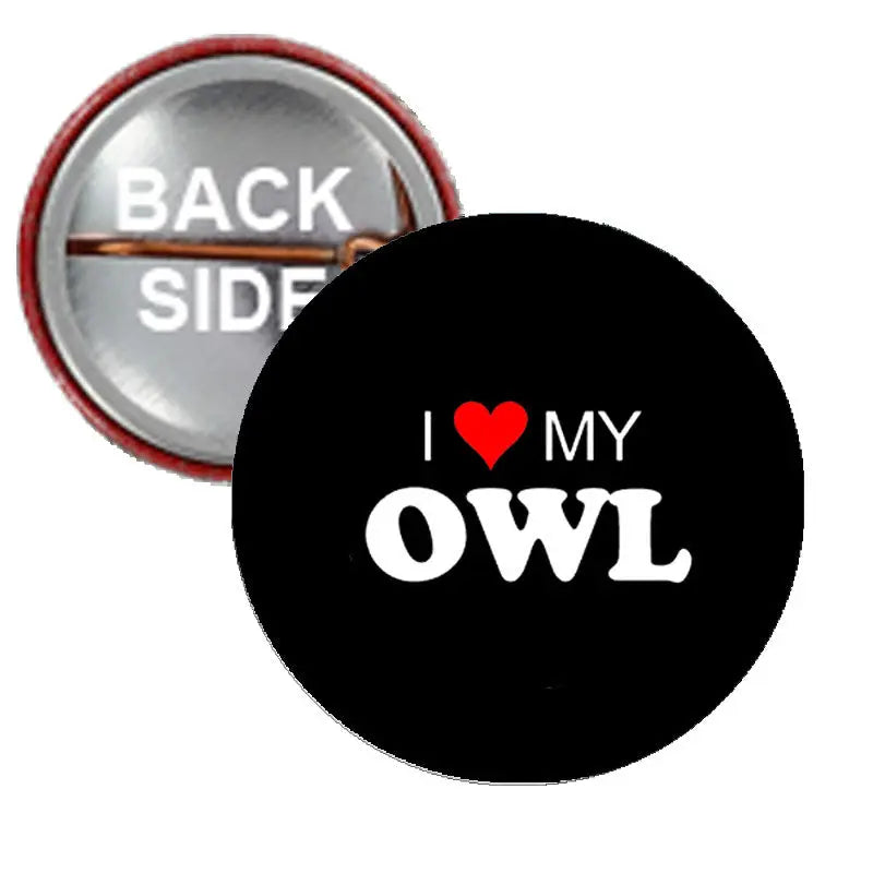 2.25-inch owl pinback button: black 'I ♥ MY OWL' with red heart