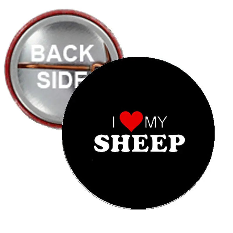 Black I Love My Sheep round pinback with red heart and white lettering