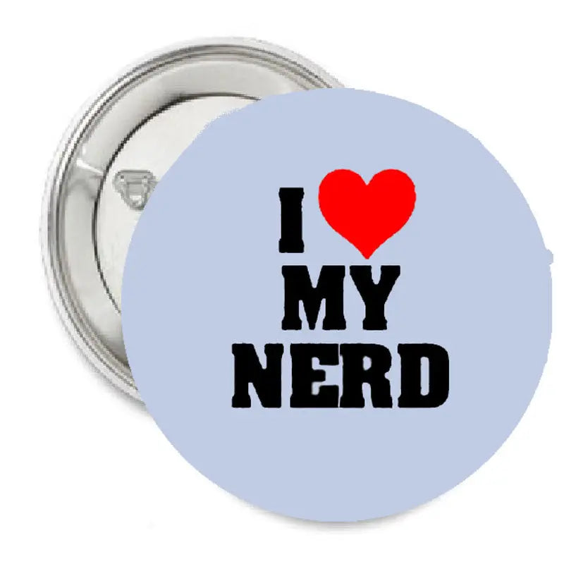 1.25-inch I Heart My Nerd round pinback button, light blue with red heart and black text