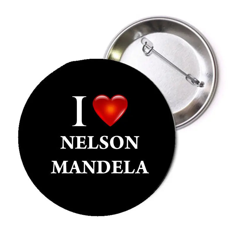 1.25-inch round Nelson Mandela pinback button, black with red heart and white text
