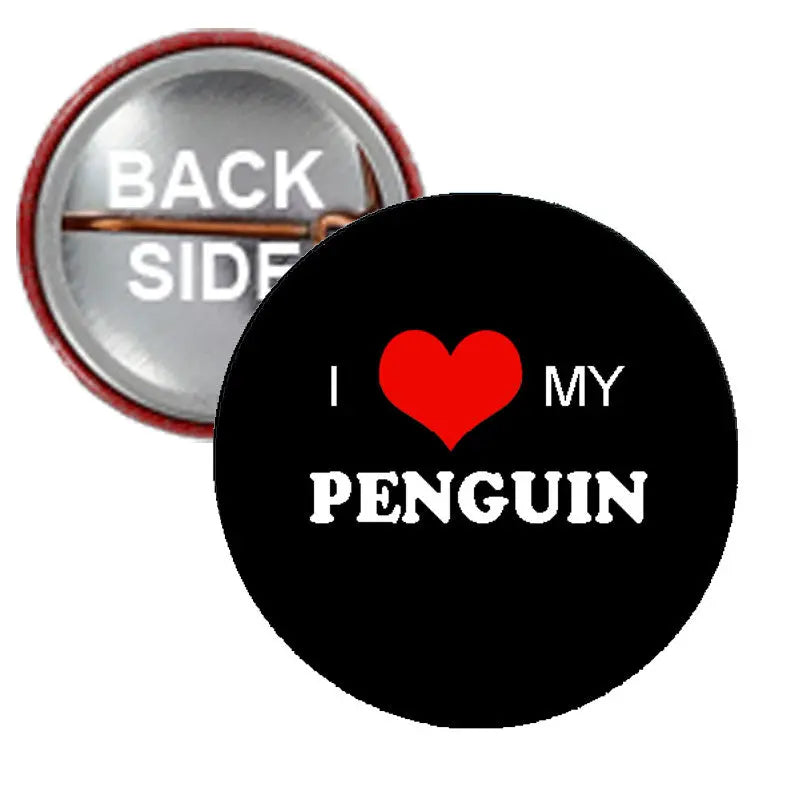 1.25-inch penguin pinback button, black with red heart and 'I ♥ MY PENGUIN'