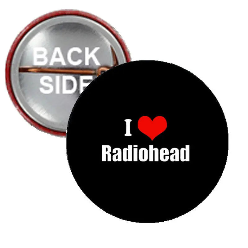 1.25-inch Radiohead pinback button with black face, 'I ♥ Radiohead' text