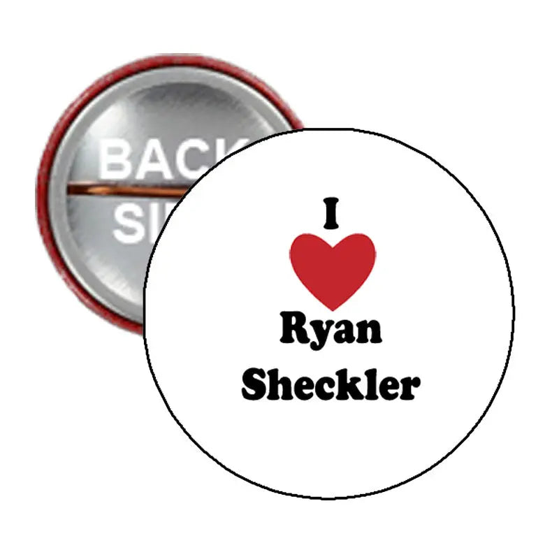 Round pinback button with red border, red heart, and 'I Ryan Sheckler' text