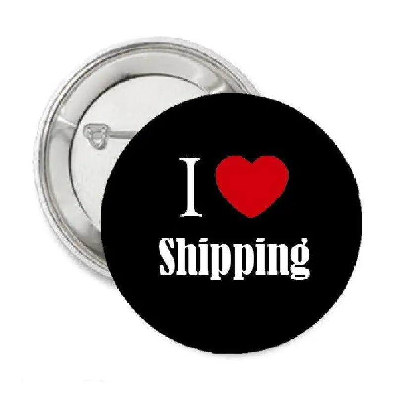 Black round pinback button with I <3 Shipping text and red heart