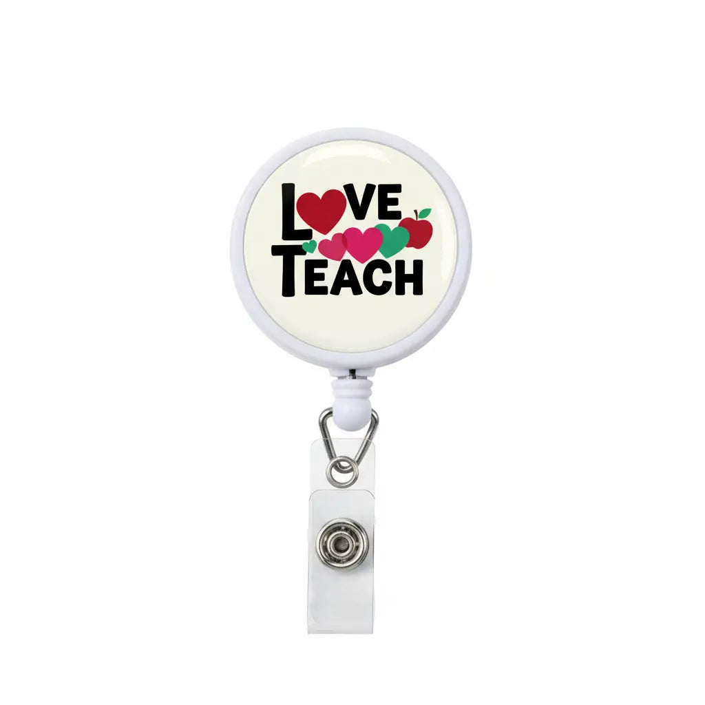 Retractable badge reel with round white face reading "LOVE TEACH" and heart icons