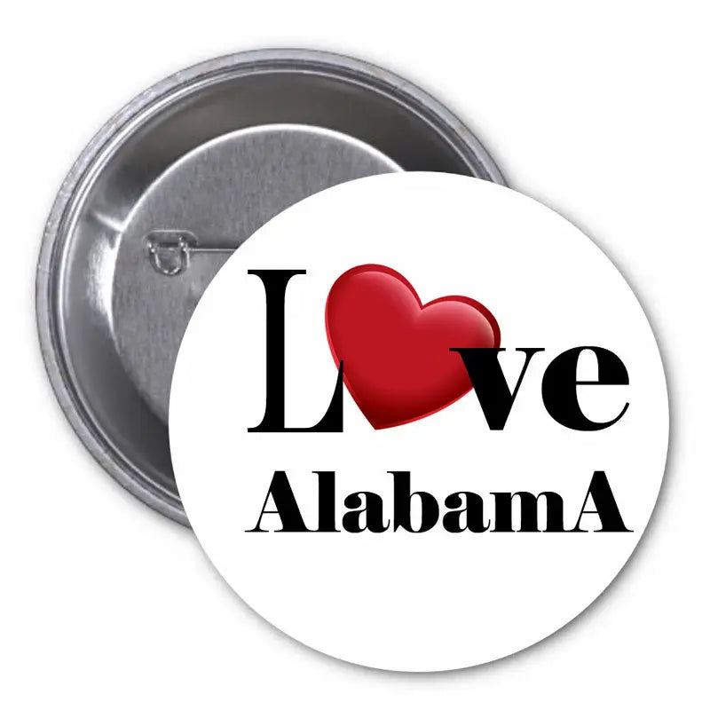 2.25-inch Alabama pinback button with Love text and red heart emblem