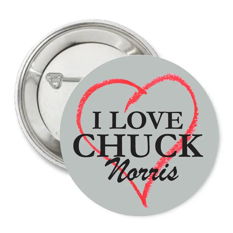 2.25-inch round pinback button with 'I LOVE CHUCK' heart and 'Norris' text