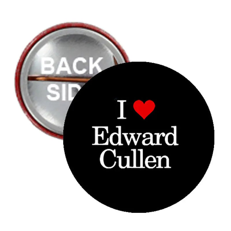 Round black pinback button with “I ♥ Edward Cullen” text and red heart