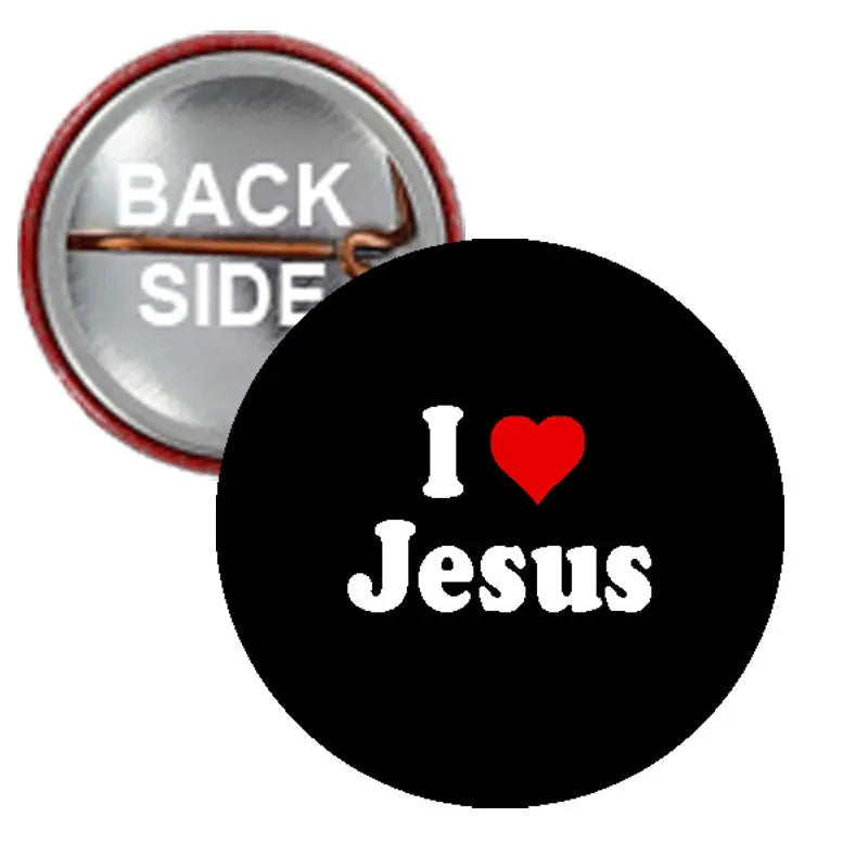 Two-sided Jesus pinback button, black front: I heart Jesus; silver back, red rim