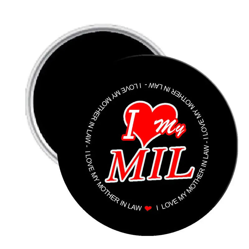 2.25-inch pinback button with black background, red heart, and 'I Love My MIL' text