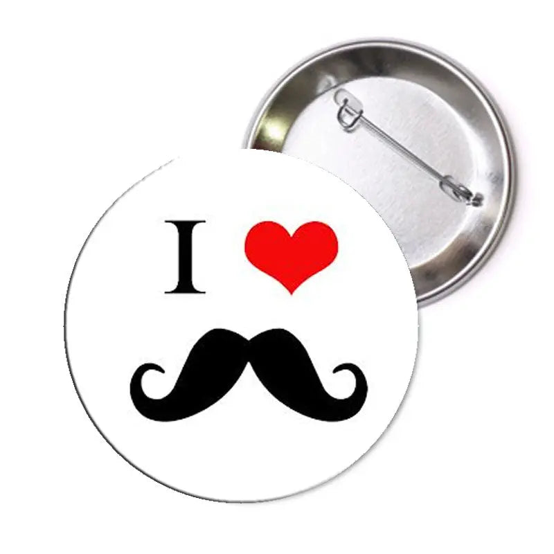1.25-inch pinback button with black mustache, red heart, and 'I' on white