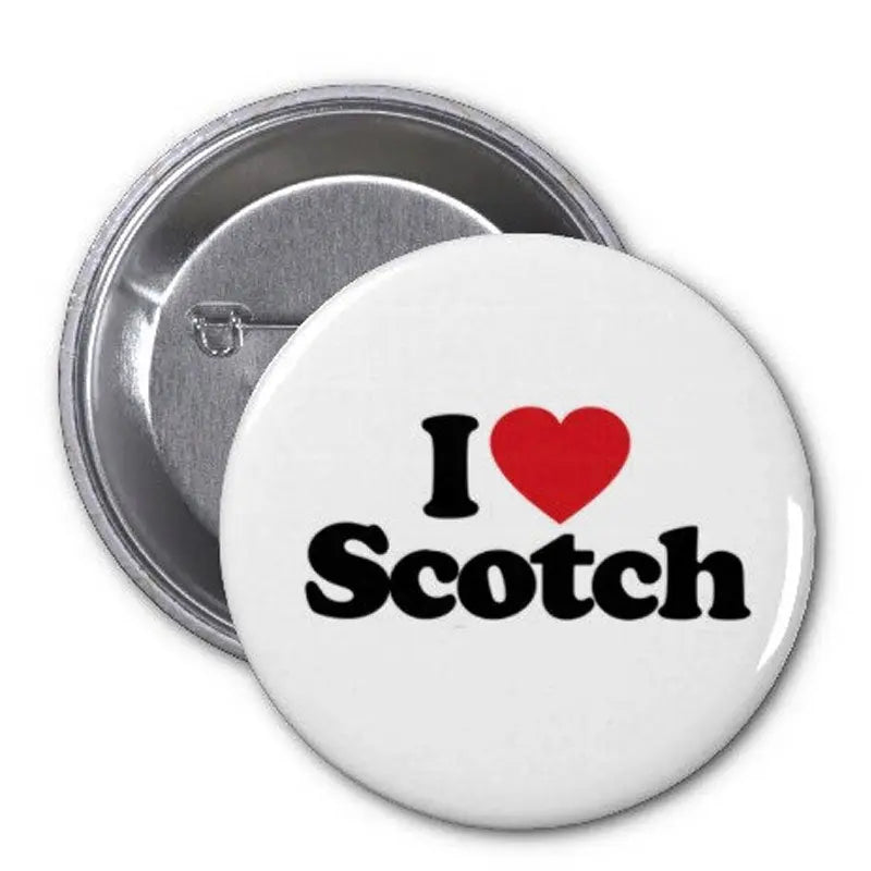 1.25-inch pinback button, white face with I Heart Scotch text and red heart