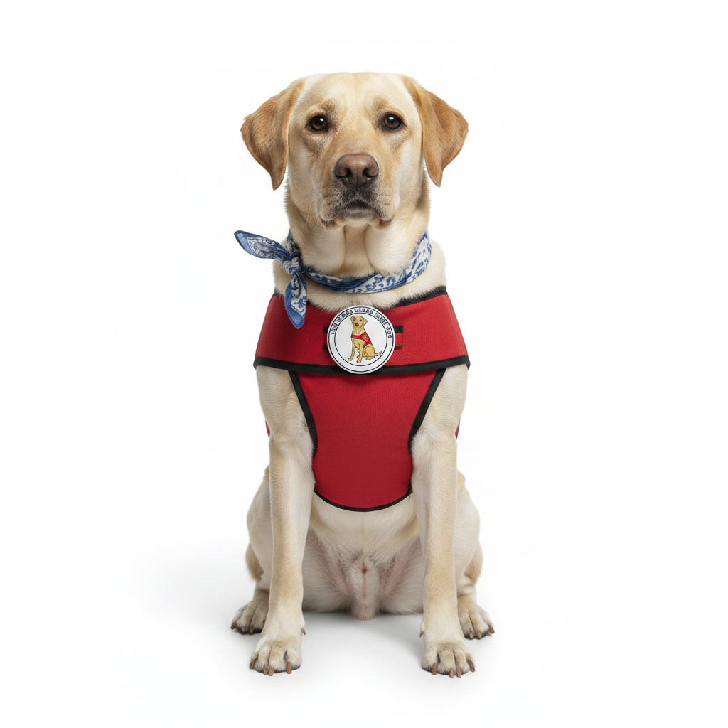 Round dog-themed alert pinback badge on red collar harness, 2.25-inch size.