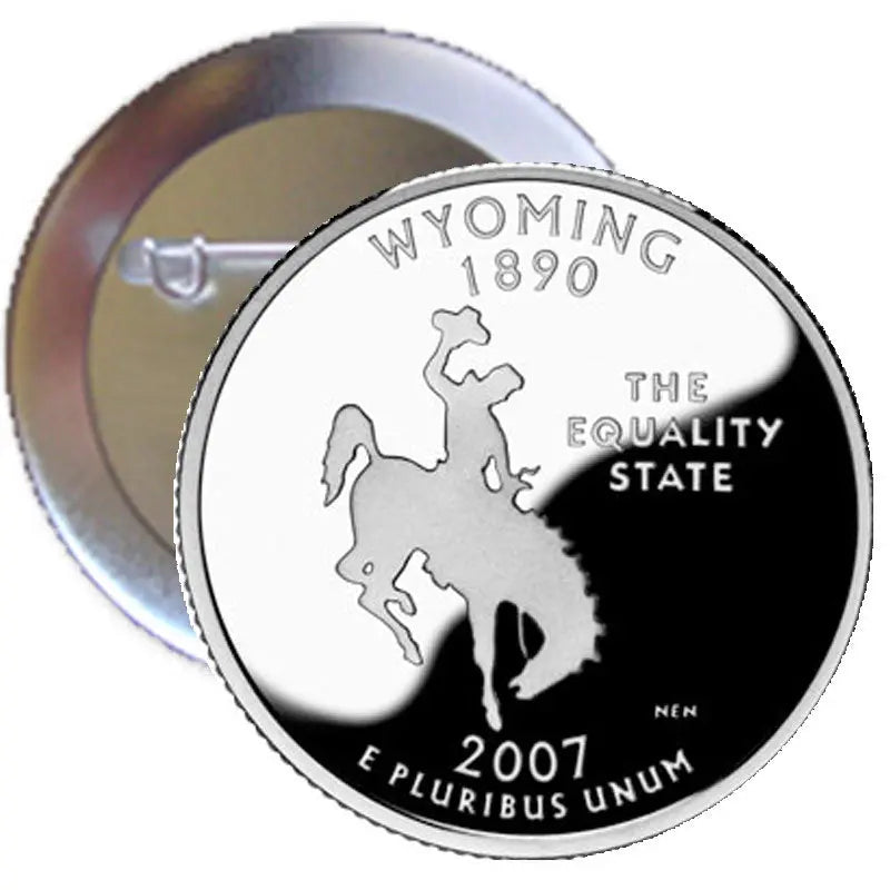 Wyoming state quarter pinback badge, round silver with Wyoming outline and “The Equality State” text
