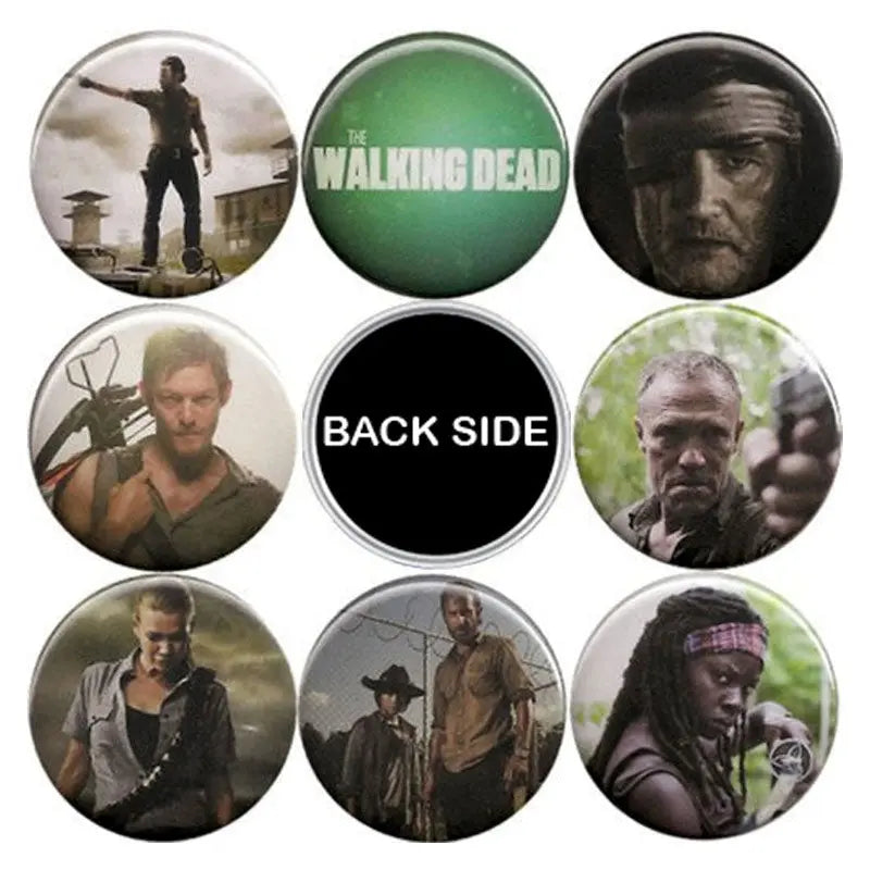 Set of 8 round green refrigerator magnets with Walking Dead character artwork