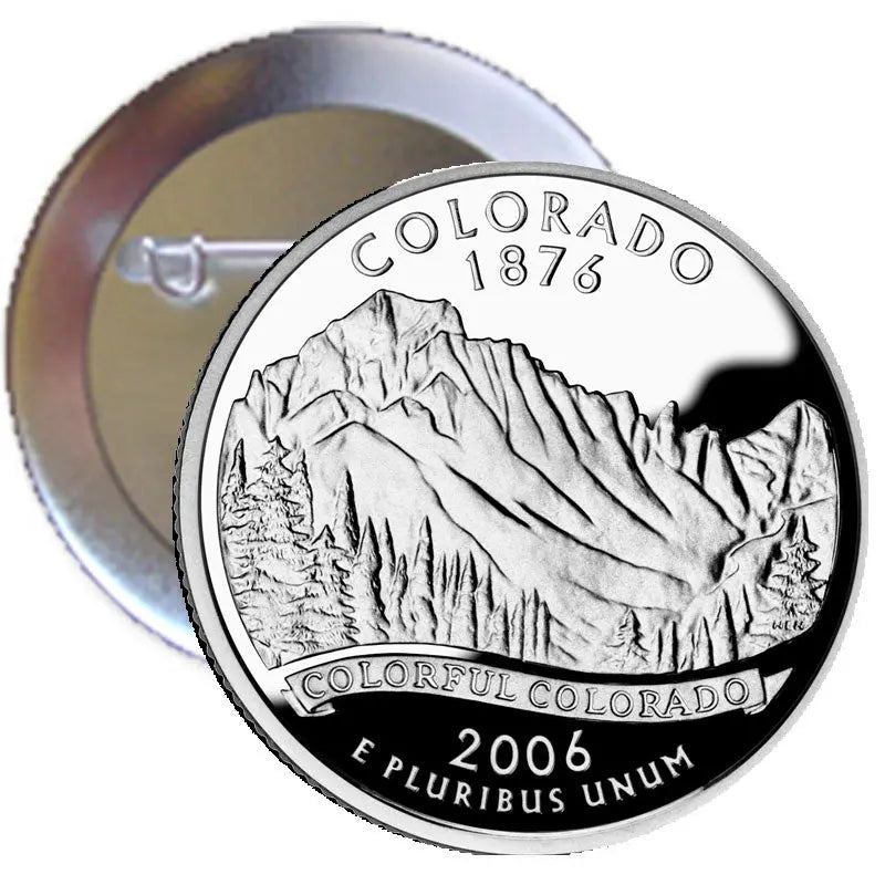 Round silver pinback badge with engraved Colorado 2006 quarter design, 2.25-inch