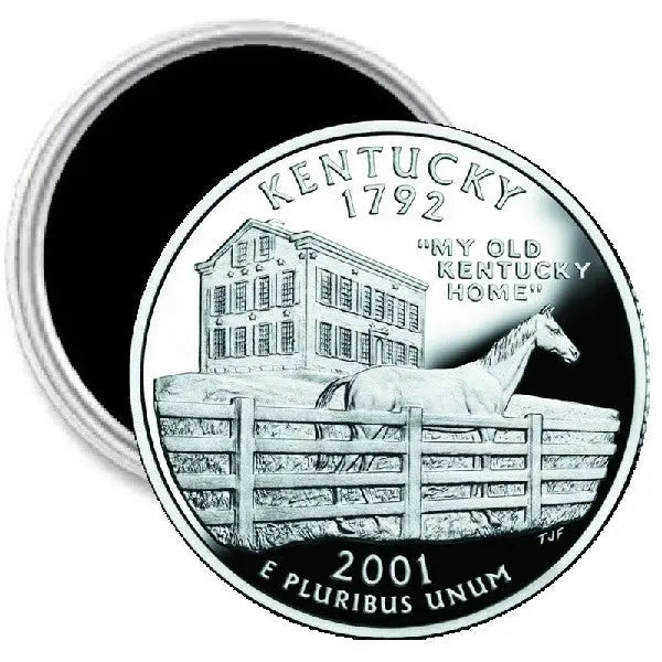 Kentucky quarter coin-style magnet, 2.25-inch, silver-tone with Kentucky text and horse scene