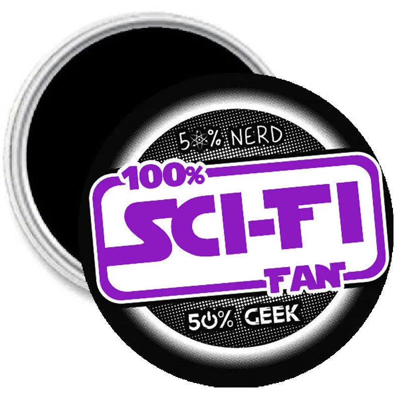 2.25-inch round sci-fi fan magnet, purple "100% SciFi Fan" graphic text