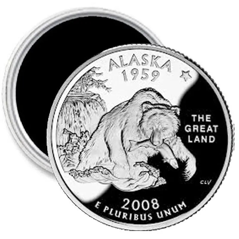 Round Alaska state quarter mint magnet with grizzly bear and mountain design
