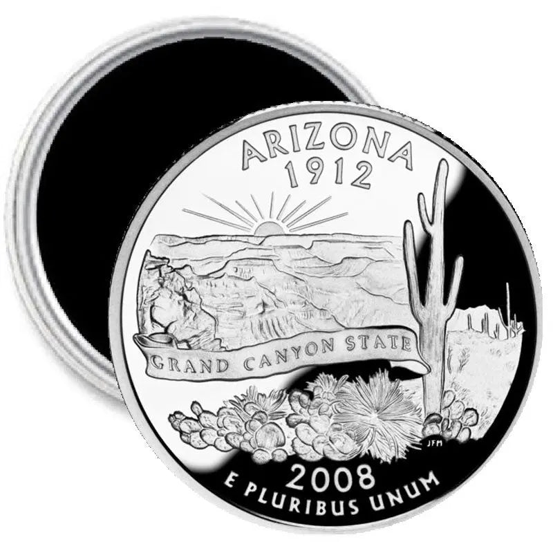 Round Arizona state quarter-style image magnet, silver and black with "ARIZONA 1912" text