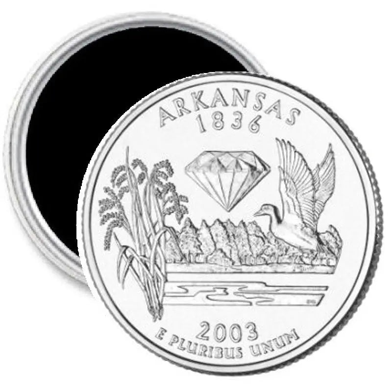 Arkansas state quarter fridge magnet, circular silver coin design with text Arkansas 1836