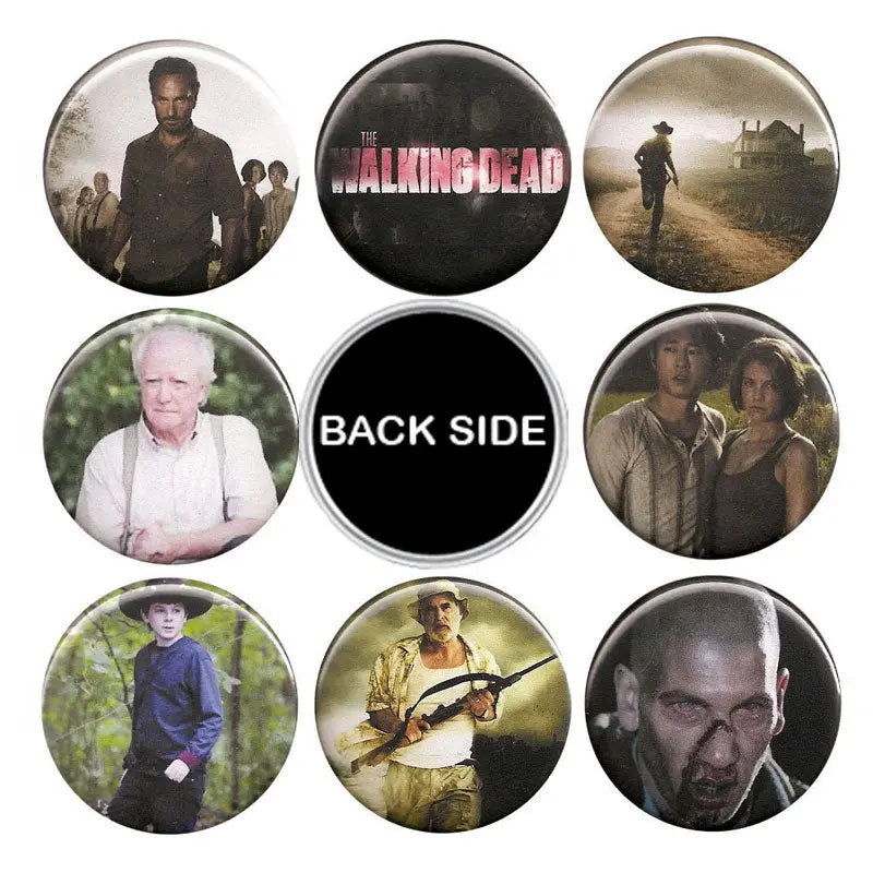 The Walking Dead-style round magnets set, 8 pcs, character photos, one says 'BACK SIDE'