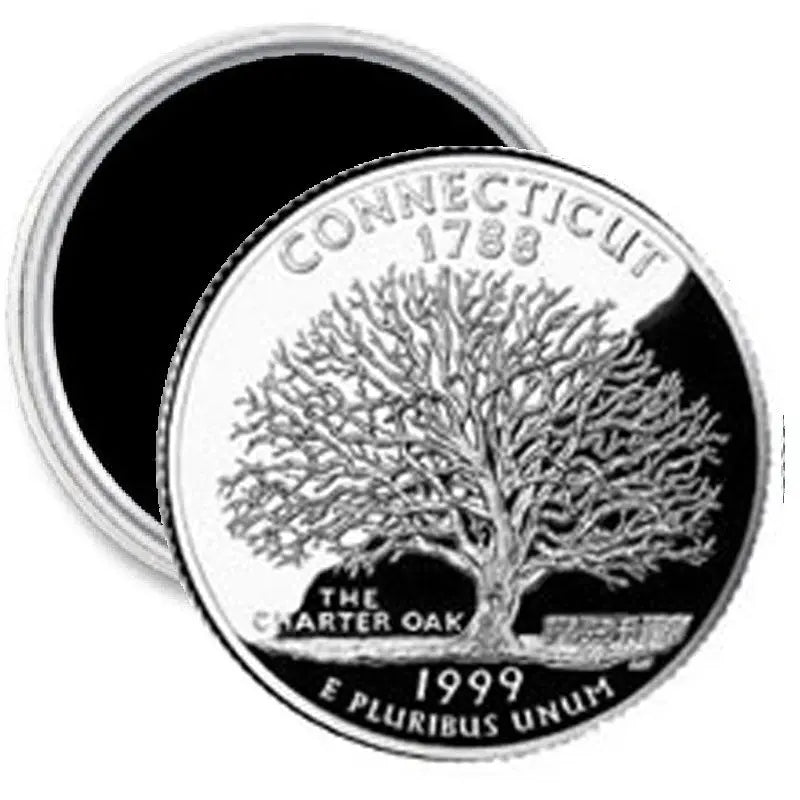 2.25-inch round silver magnet with Connecticut quarter design and Charter Oak tree