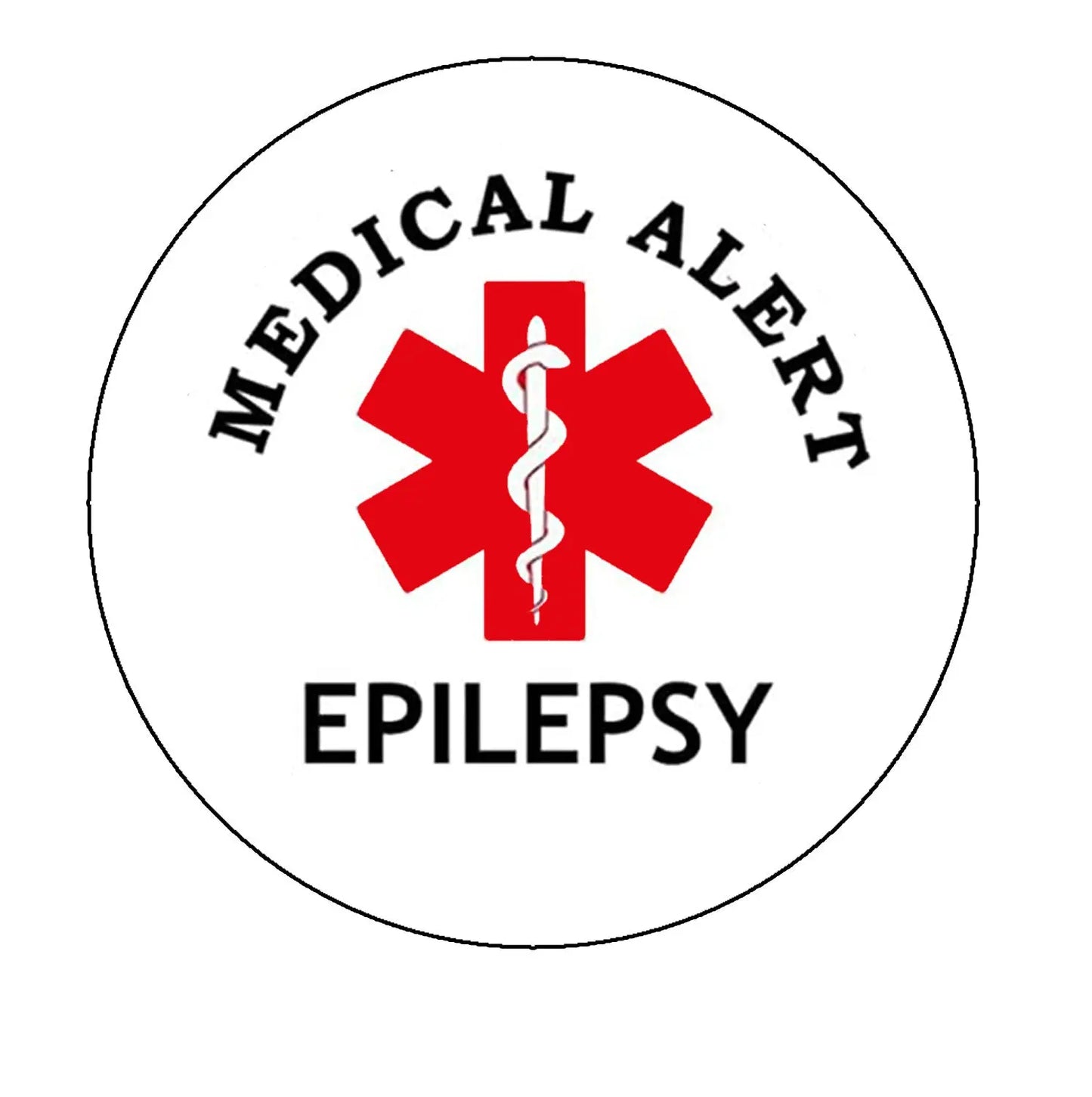 2.25-inch epilepsy medical alert pinback, white circular with red cross and caduceus icon