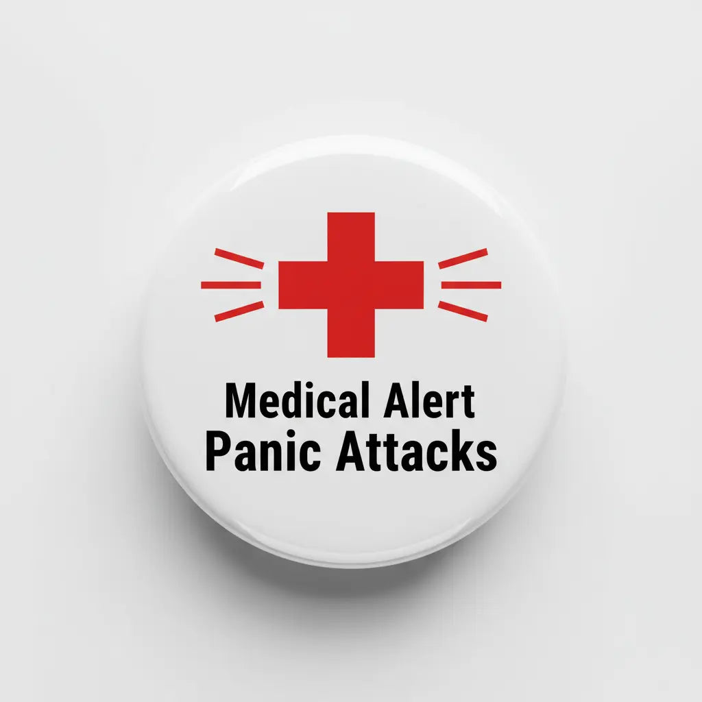 Medical alert enamel pinback button with red cross and text “Medical Alert Panic Attacks”